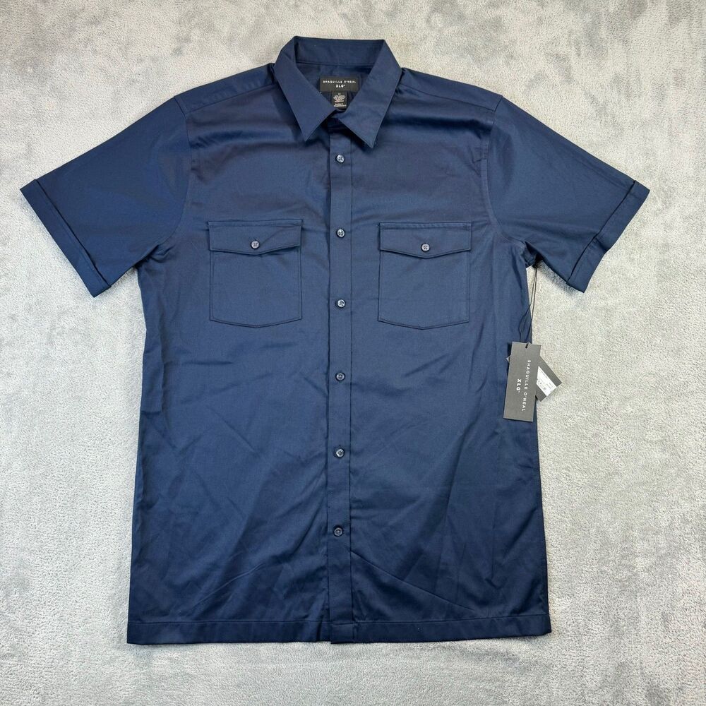 Shaquille O'Neal XLG Dress Shirt Men Large Tall Navy Blue Button Up Short Sleeve